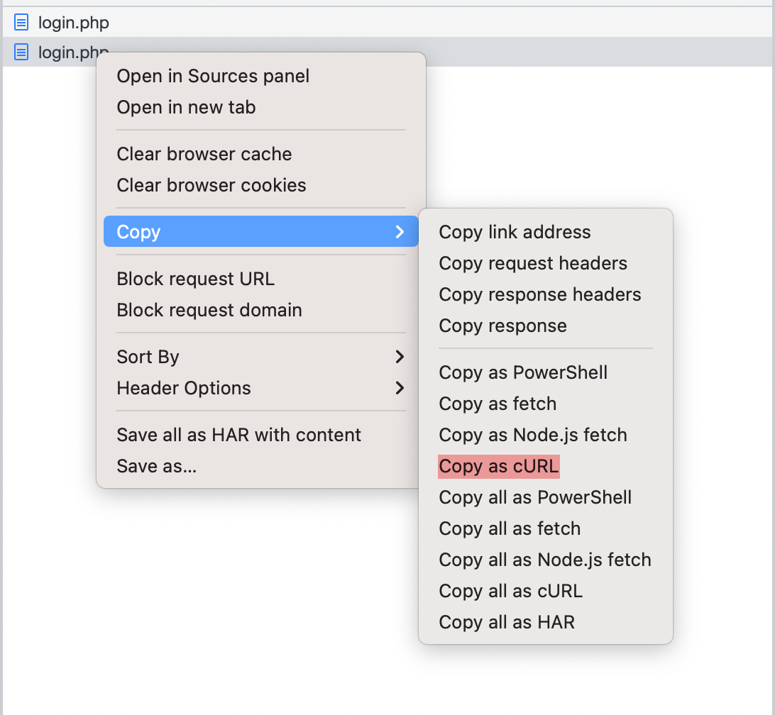 Copy request as cURL command